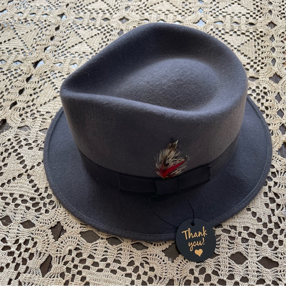 Vintage Botany 500 slate gray 100% wool fedora hat feather accent USA men’s XL - Picture 10 of 12